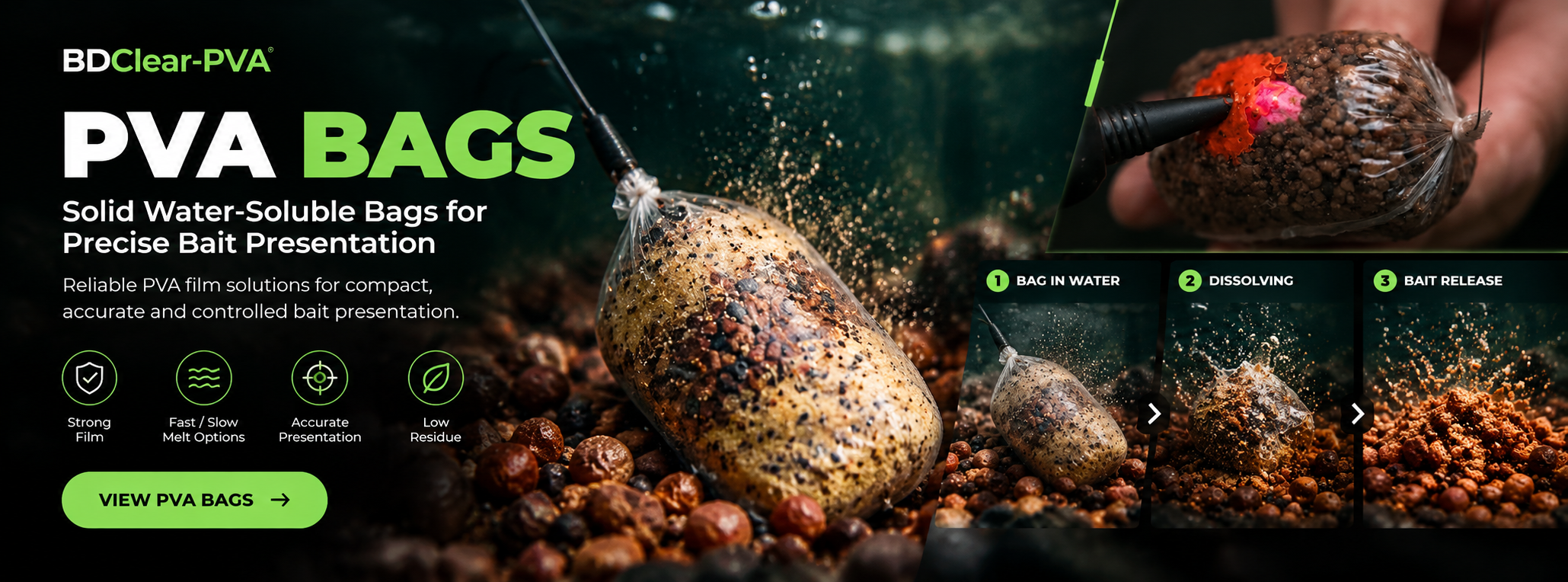 BDClear-PVA solid water-soluble PVA bags for precise bait presentation, showing bag in water, dissolving and bait release.