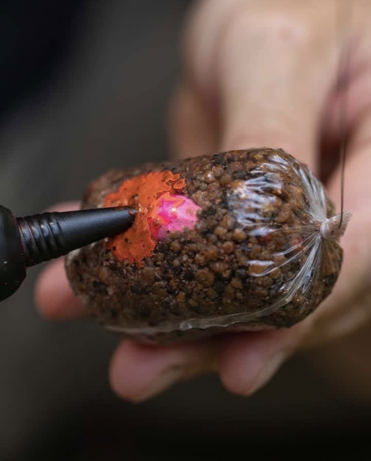 Close-up of a hand holding a solid PVA bag with bait, hookbait and rig.
