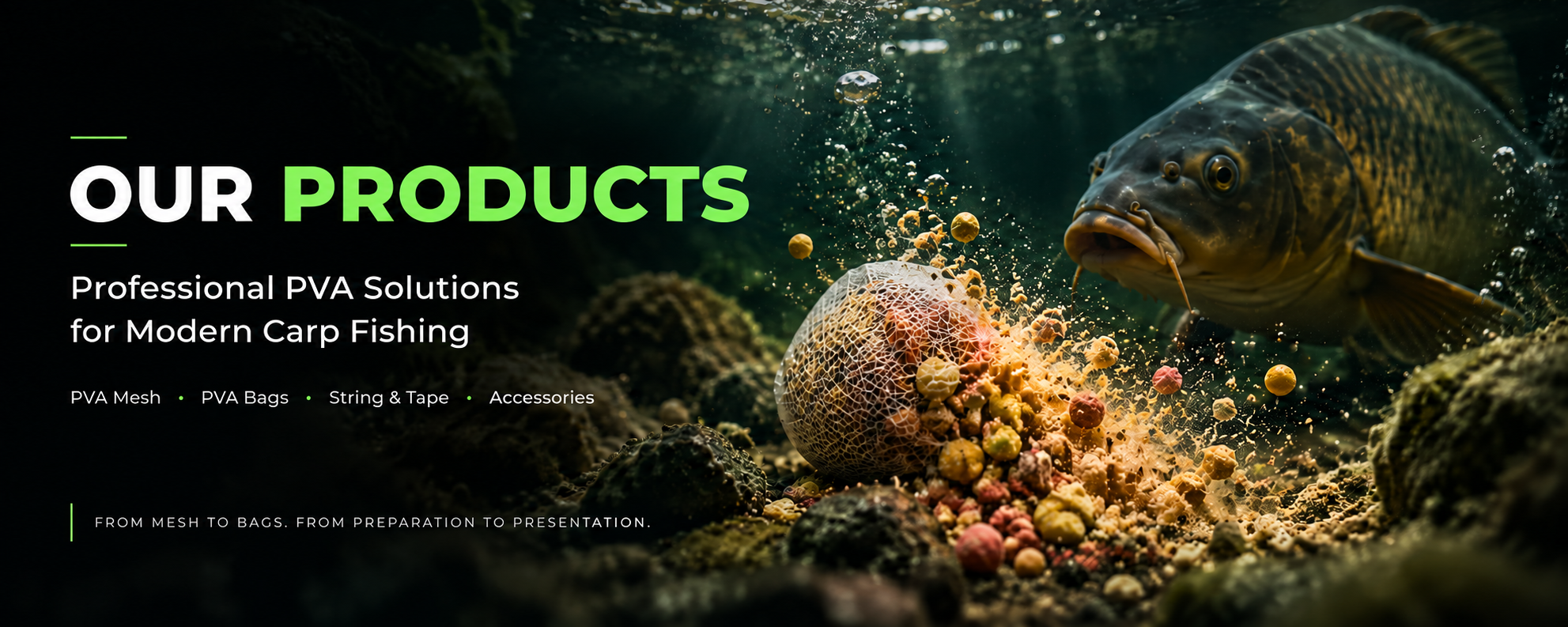 BDClear-PVA carp fishing product range: PVA mesh, bags, string, tape and accessories