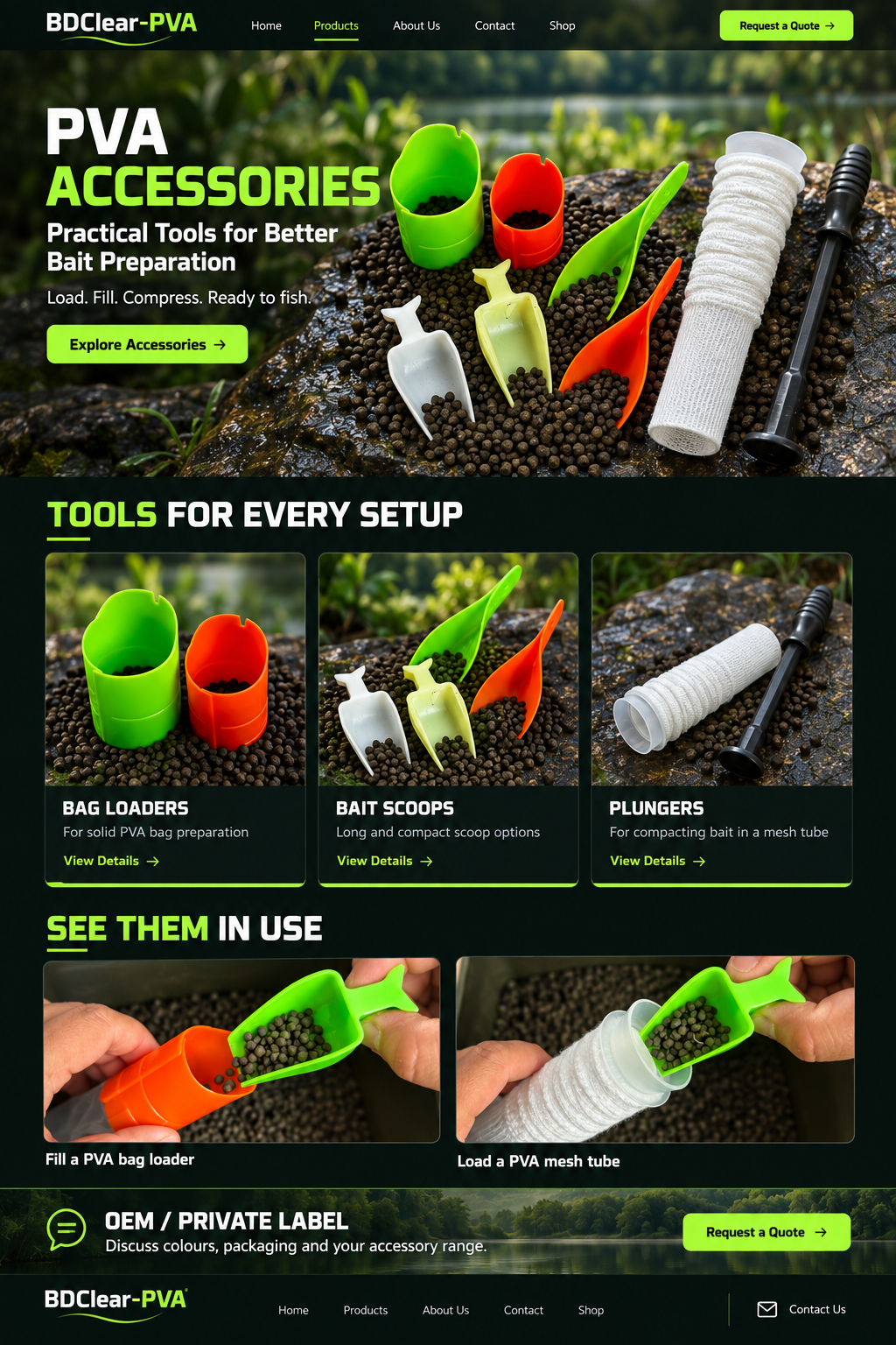 PVA bag loaders, bait scoops, mesh tube and black plunger on lakeside rocks