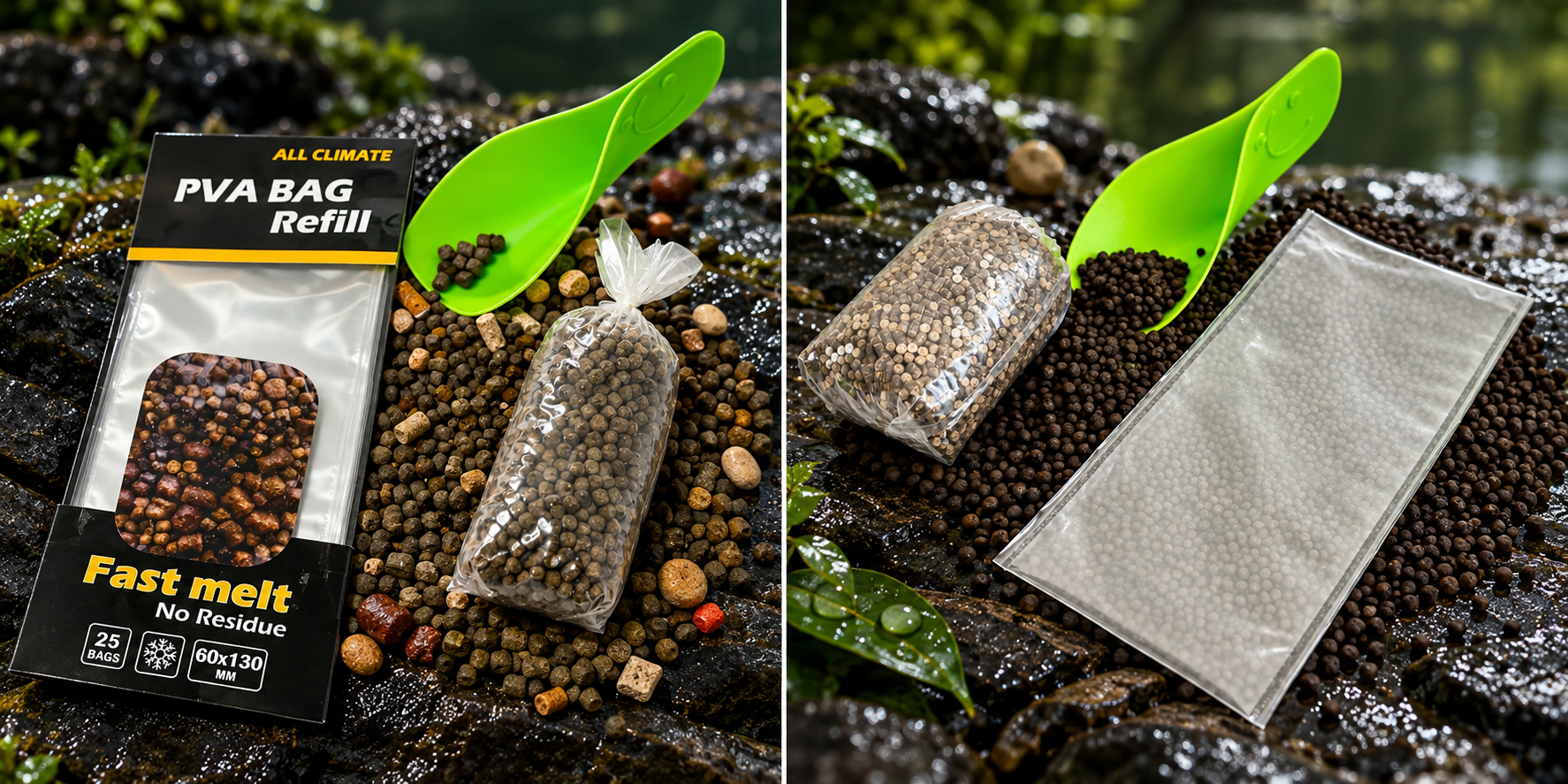 Solid PVA film bags, a filled bait parcel and green scoop on lakeside rocks.
