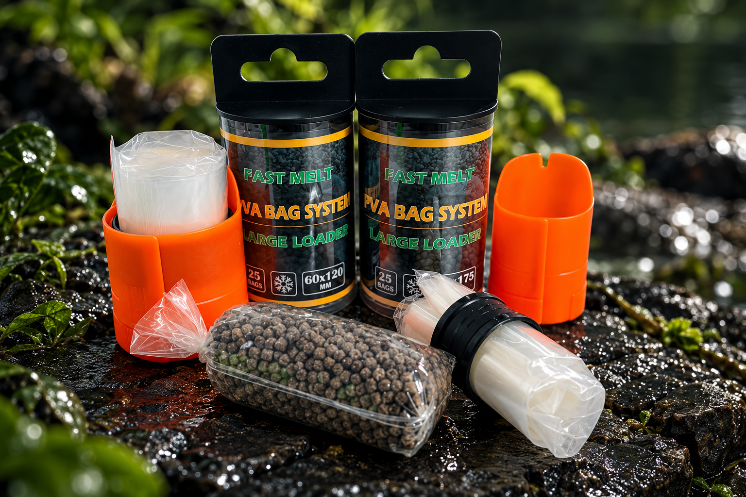 Fast Melt PVA Bag System with orange loaders, refill film bags and a filled bait bag on lakeside rocks.